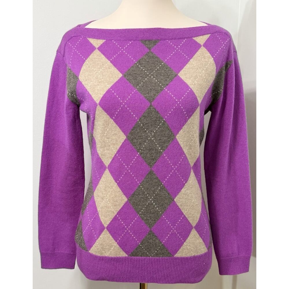 Banana Republic Luxury 100% Cashmere Argyle Sweater Boat Neck Top Sz S Small